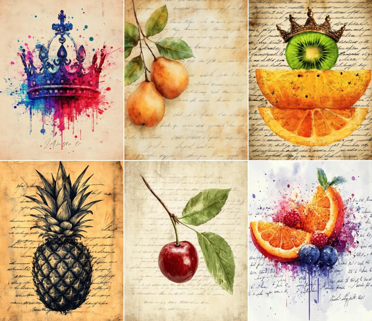 Watercolor fruit and crown-inspired digital paper on handwritten backgrounds