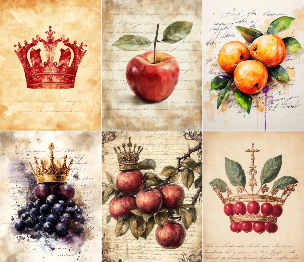 Watercolor fruit and crown-inspired digital paper on handwritten backgrounds