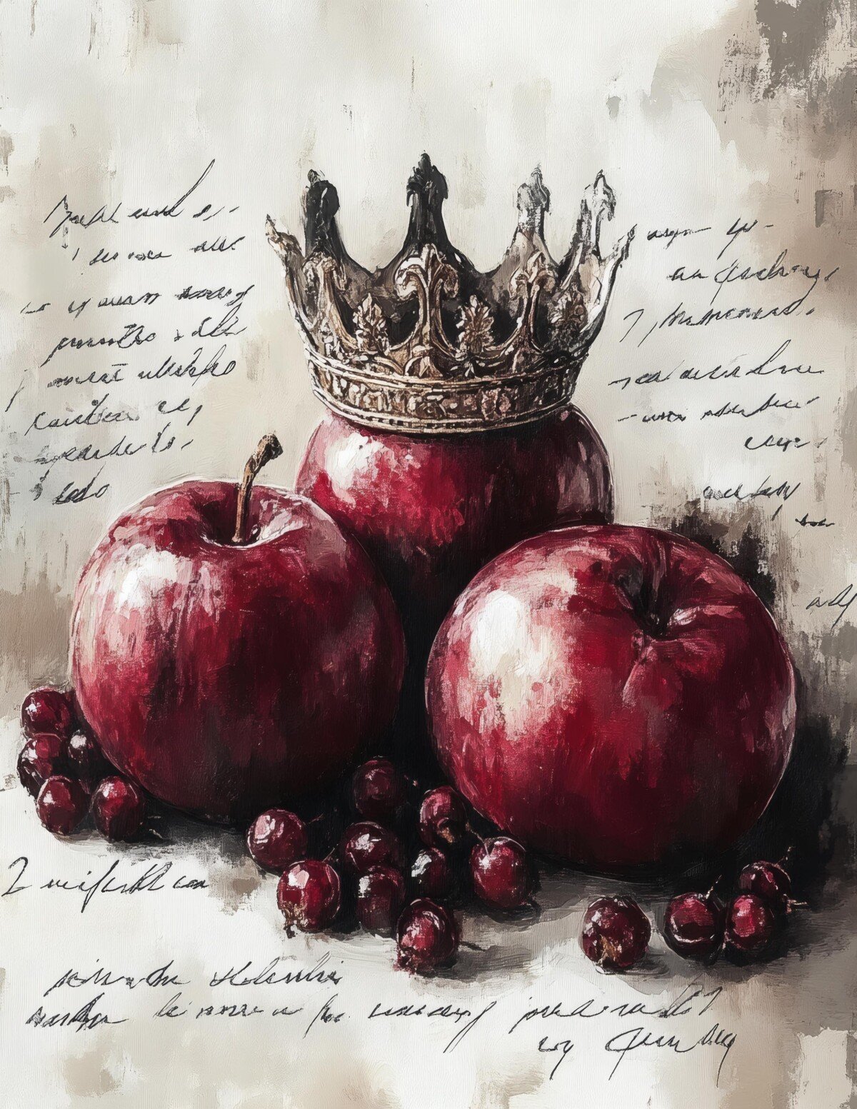 Watercolor fruit and crown-inspired digital paper on handwritten backgrounds