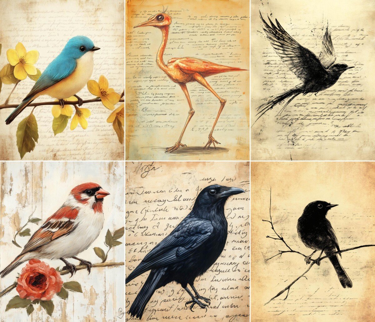 Vintage bird junk journal pages with colorful illustrations and aged script