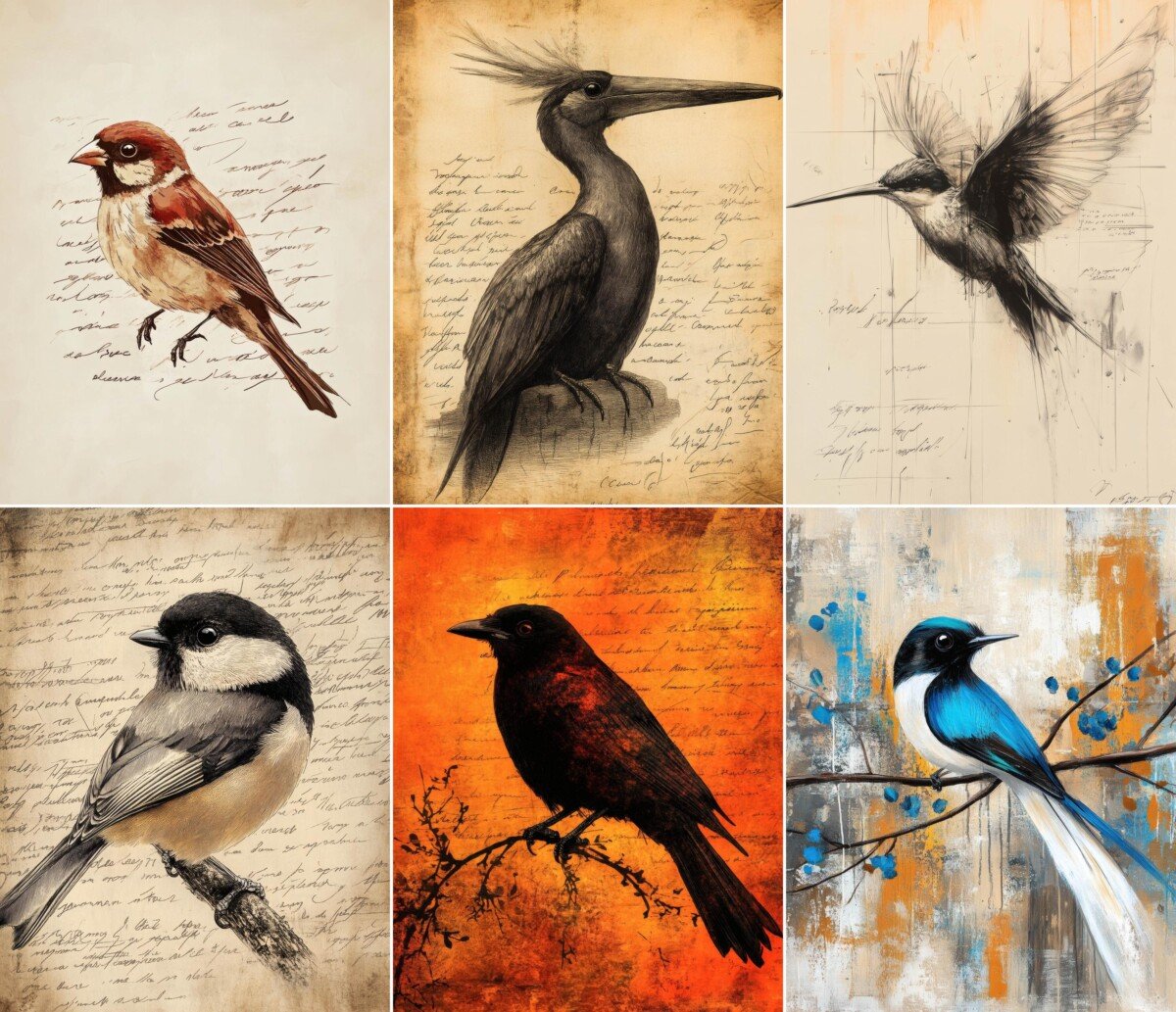 Vintage bird junk journal pages with colorful illustrations and aged script