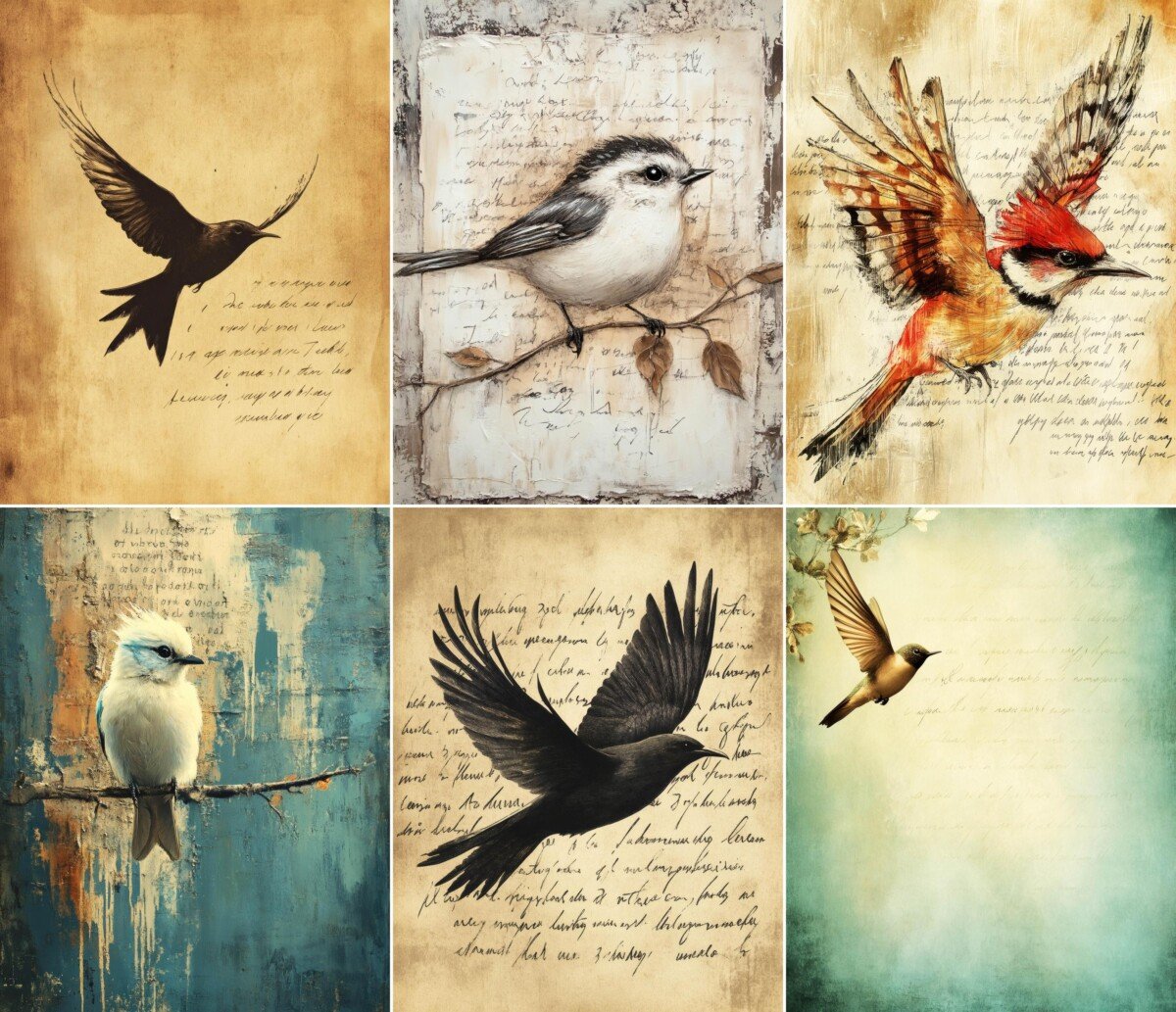 Vintage bird junk journal pages with colorful illustrations and aged script