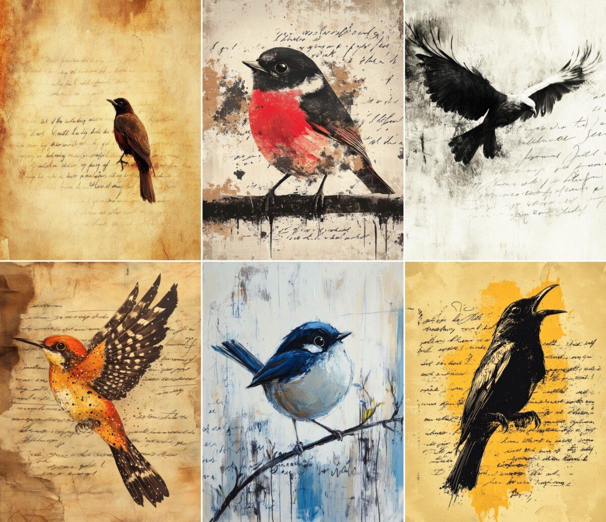 Vintage bird junk journal pages with colorful illustrations and aged script