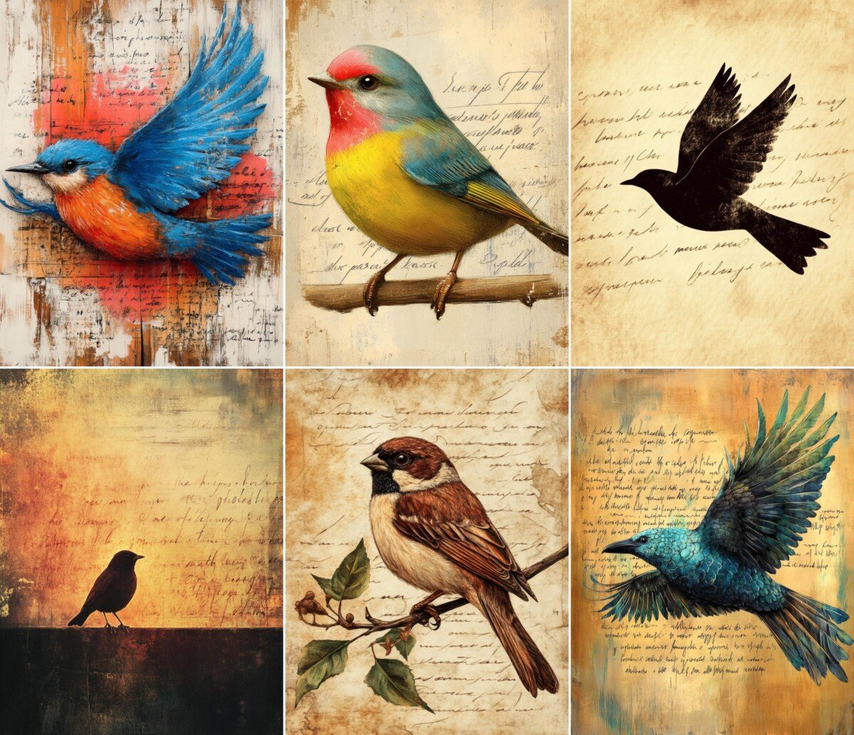 Vintage bird junk journal pages with colorful illustrations and aged script