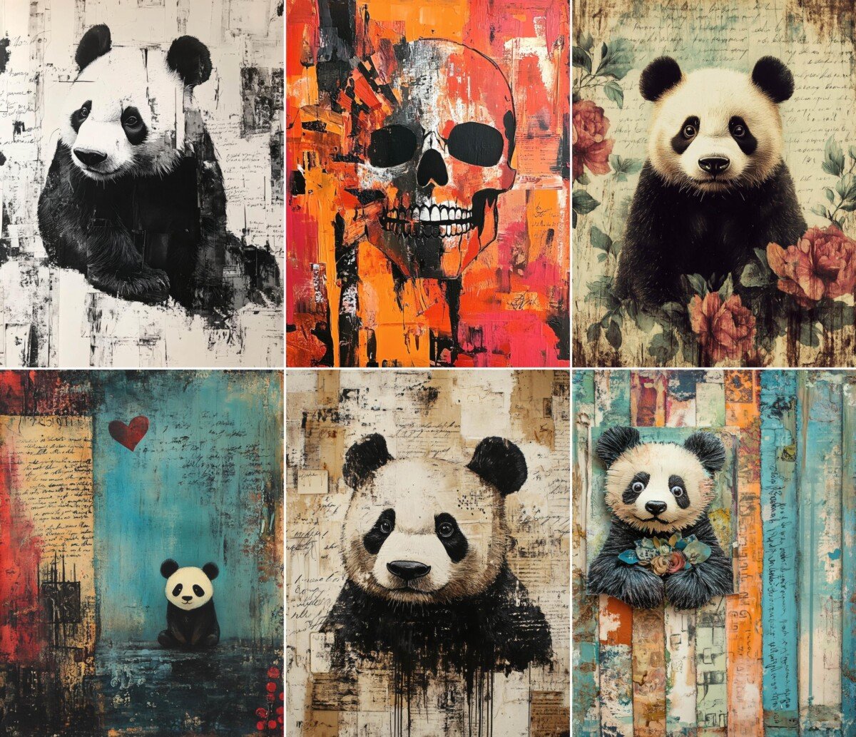 Gothic panda junk journal pages with distressed collage textures
