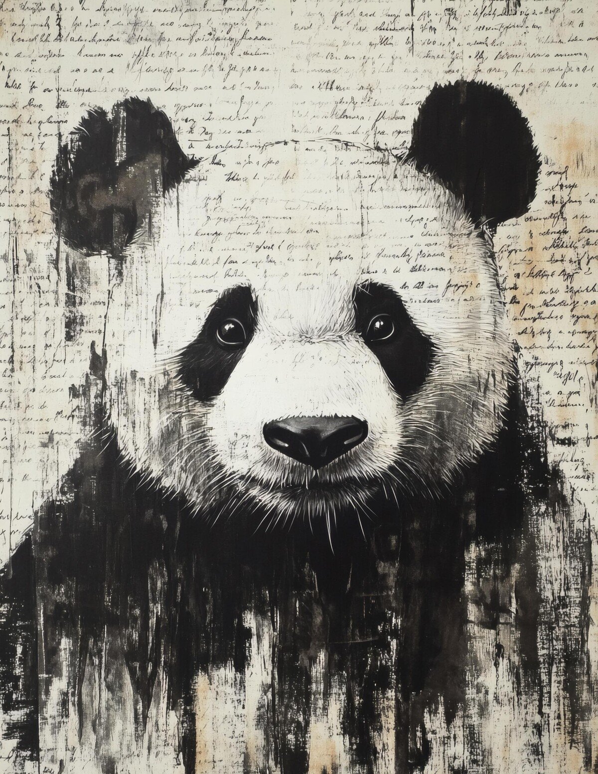 Black and white panda portrait on distressed script paper