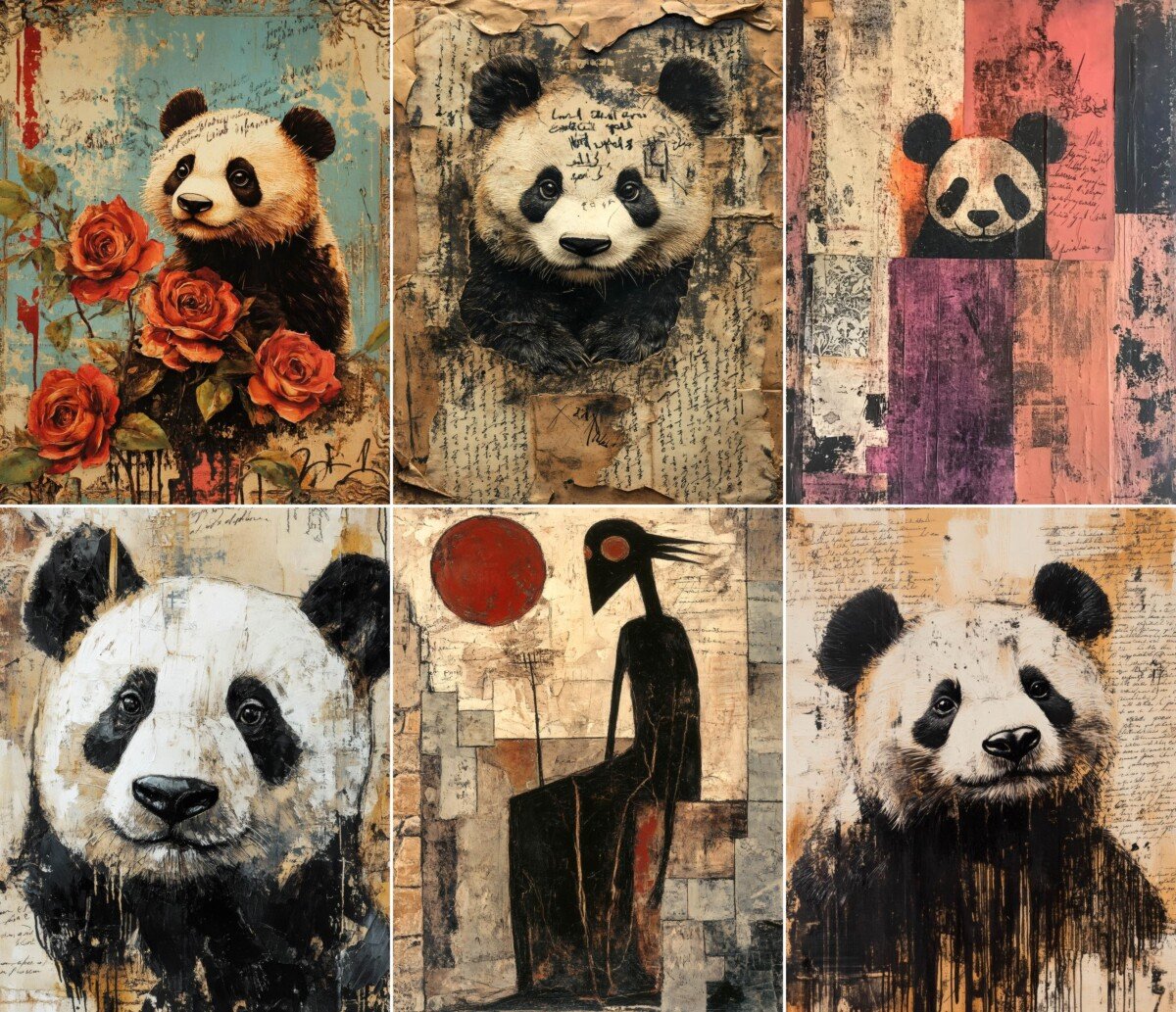 Gothic panda junk journal pages with distressed collage textures