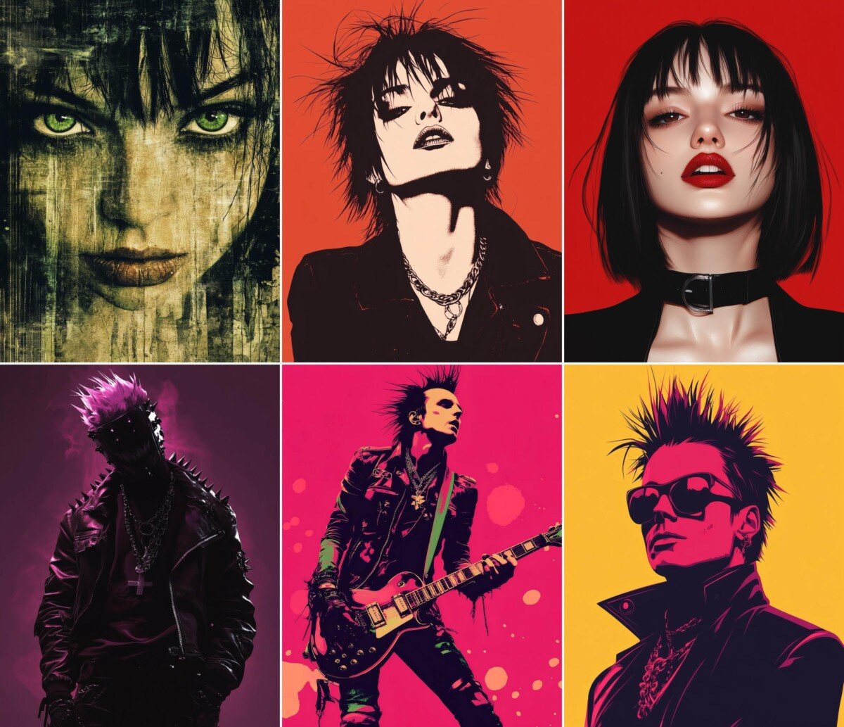Gothpunk junk journal pages with bold alternative portraits and vivid graphic colors