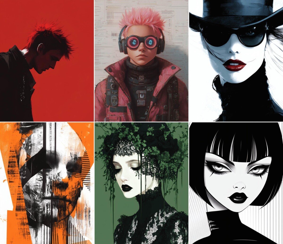 Gothpunk digital paper with high-contrast portrait artwork and bright accents