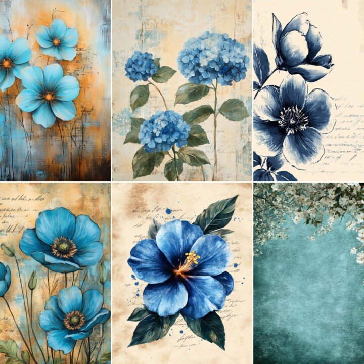 blue – 64 Blue Floral Papers Journal Pages