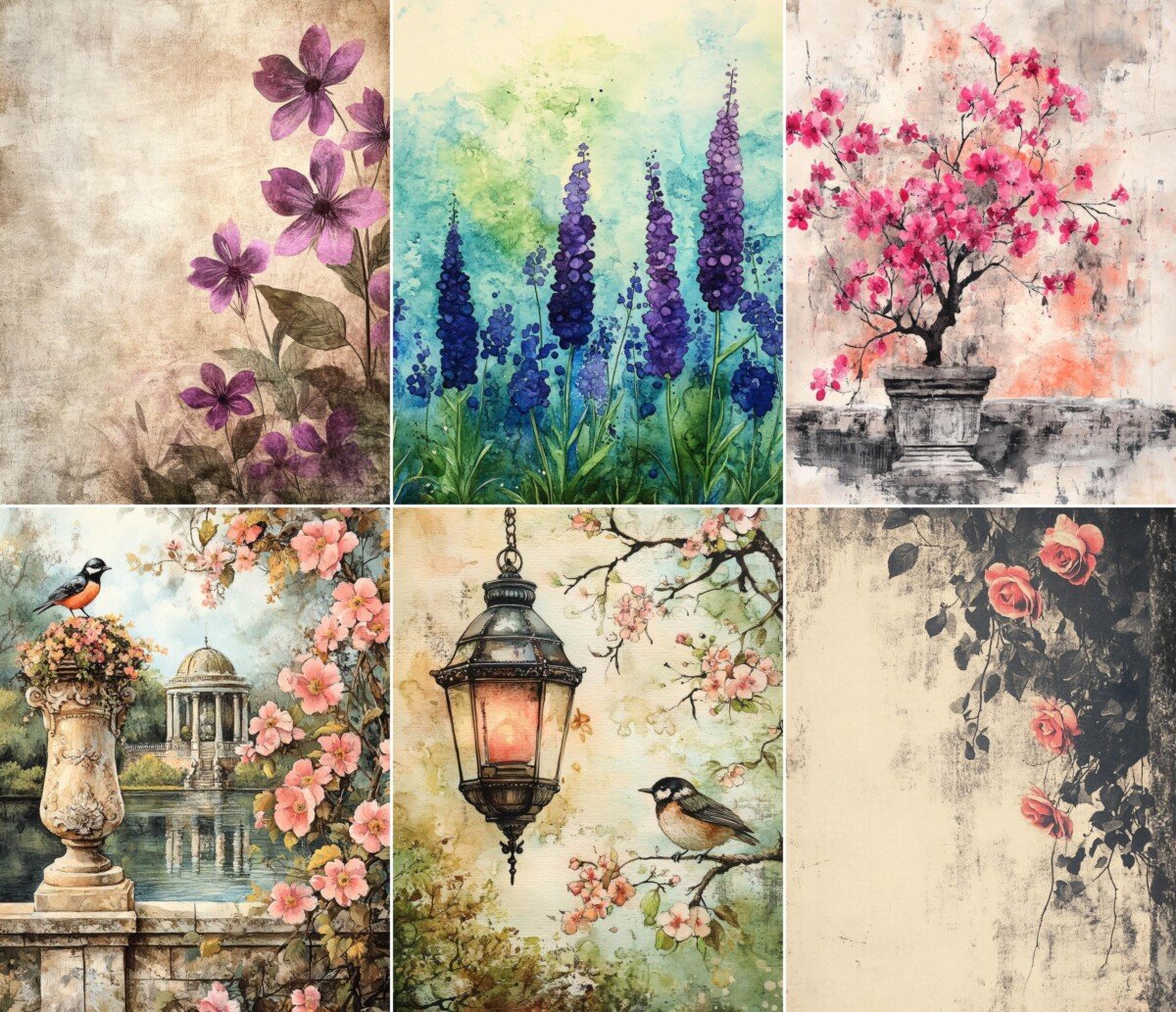 Watercolor floral digital paper with colorful garden blossoms