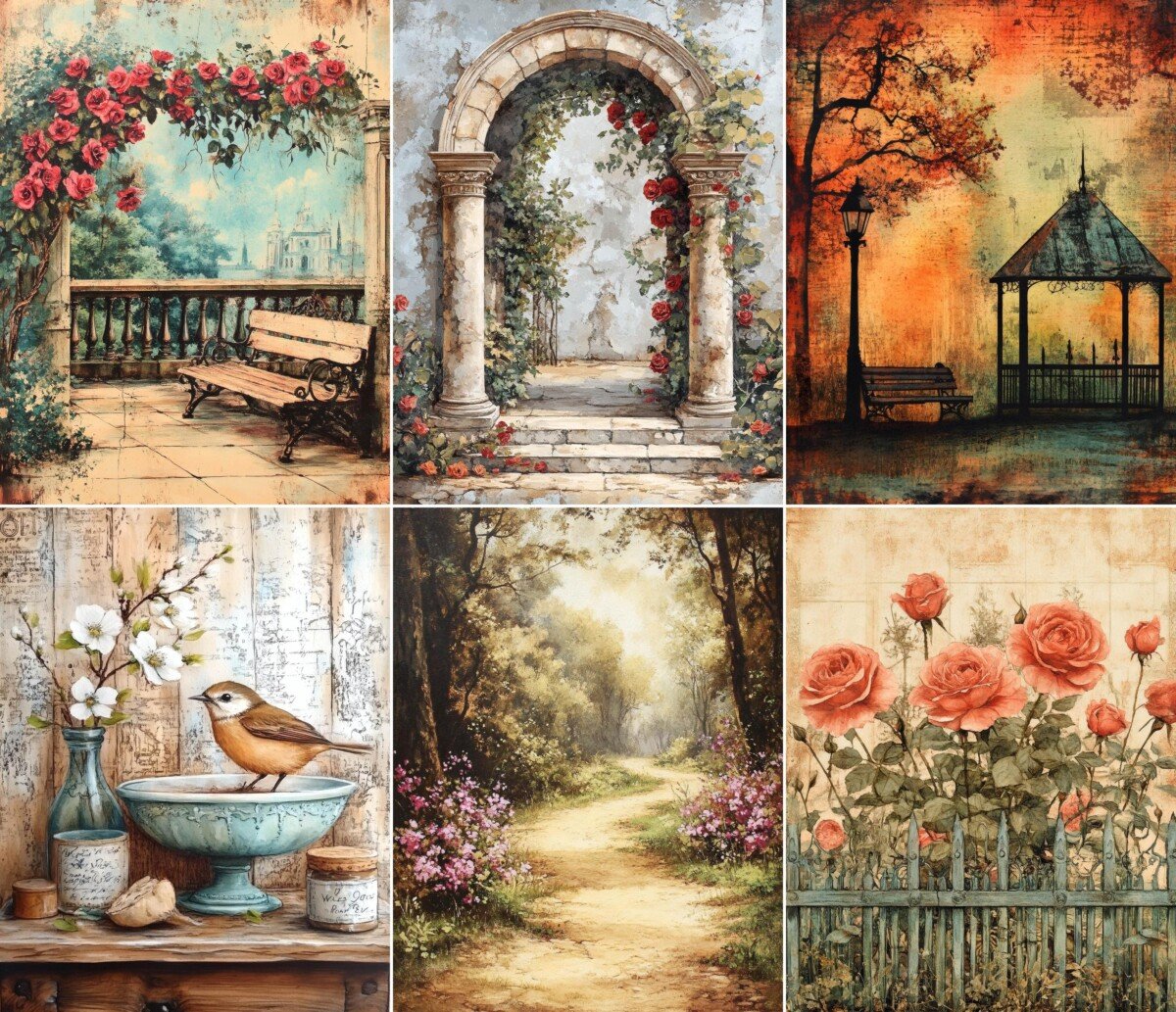 Garden paths, archways and autumn trees in vintage-style artwork