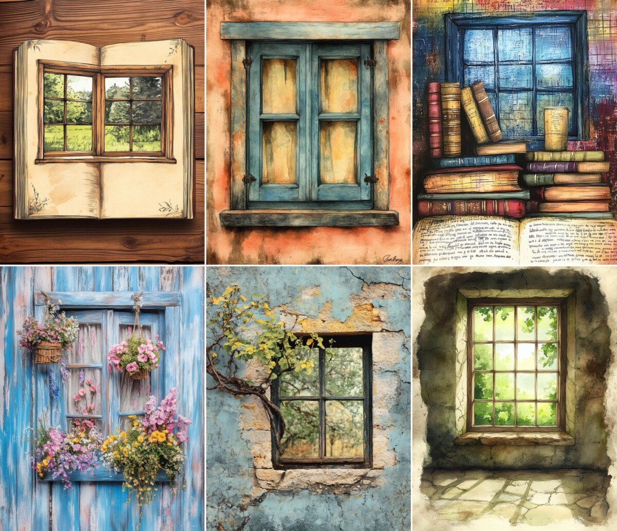 meadow – 56 Meadow Window Watercolor Paper Junk Journal Pages