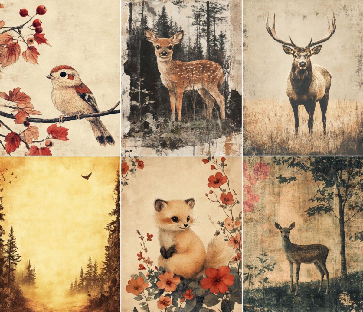 woodland – 63 Woodland Animal Collage Junk Journal Pages