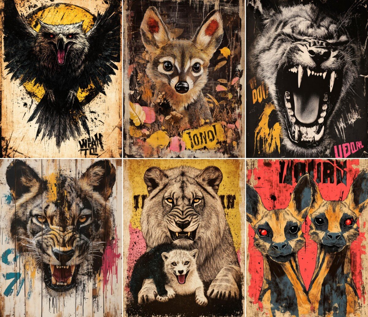 Vintage animal junk journal pages with bold wildlife portraits and distressed poster lettering