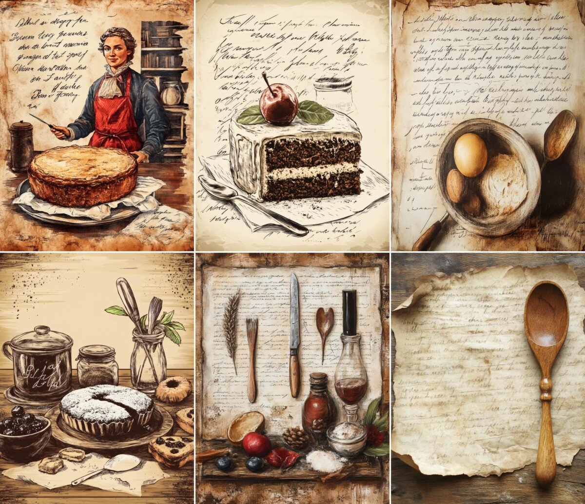 Baking junk journal pages with cakes, kitchen utensils and aged script