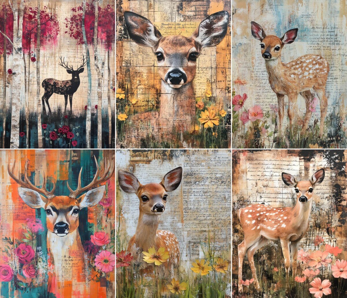 Deer portraits and woodland trees on aged collage paper
