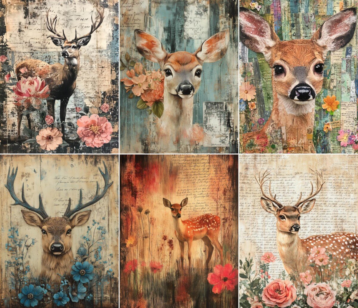 Deer illustrations with flowers and layered paper textures