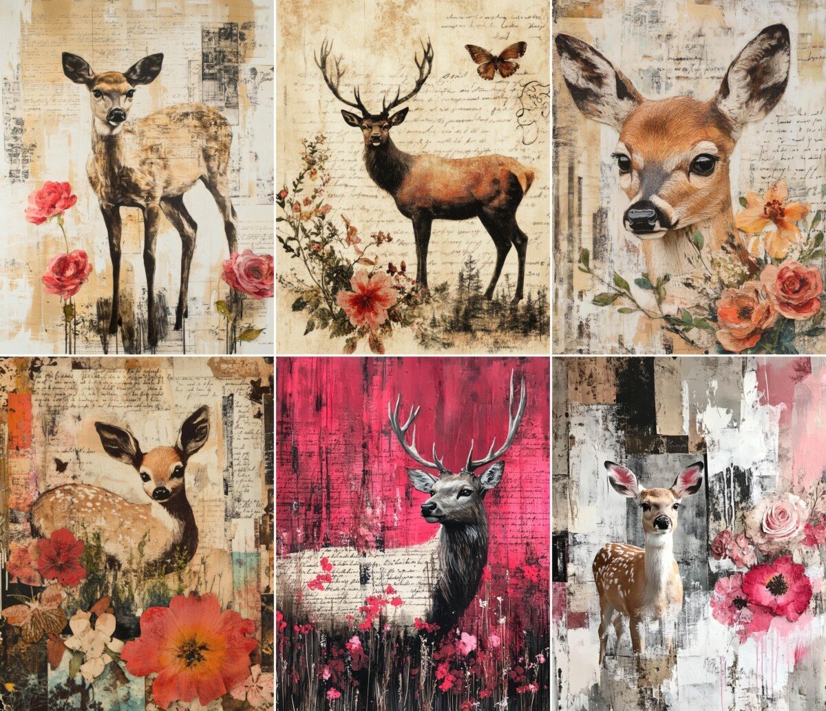 Enchanted deer junk journal pages with floral woodland collage