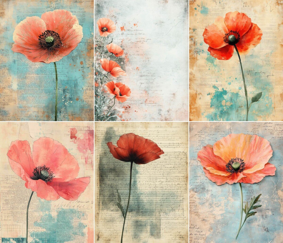 Poppy blooms on aged manuscript journal paper, preview 3