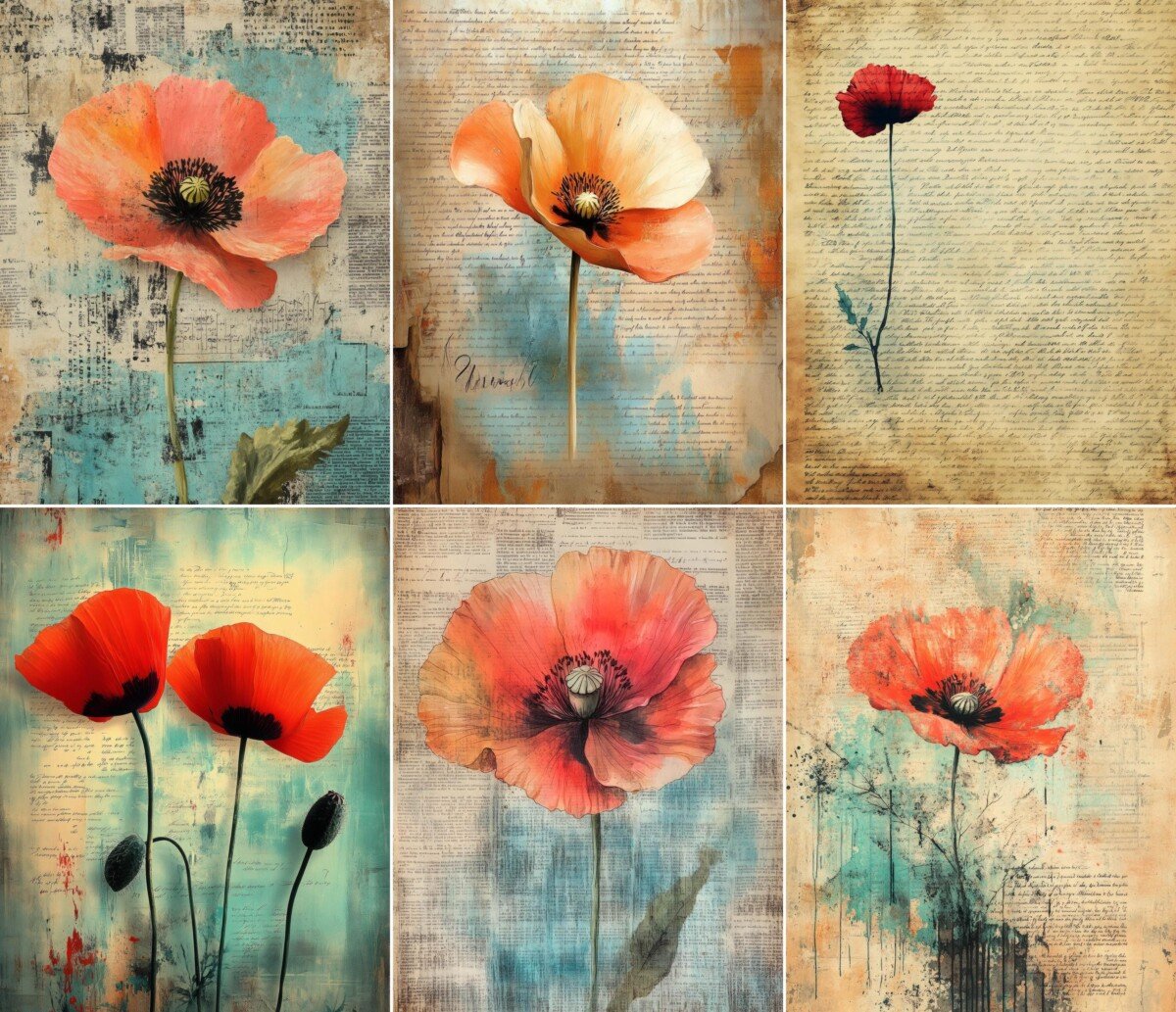 Poppy blooms on aged manuscript journal paper, preview 7
