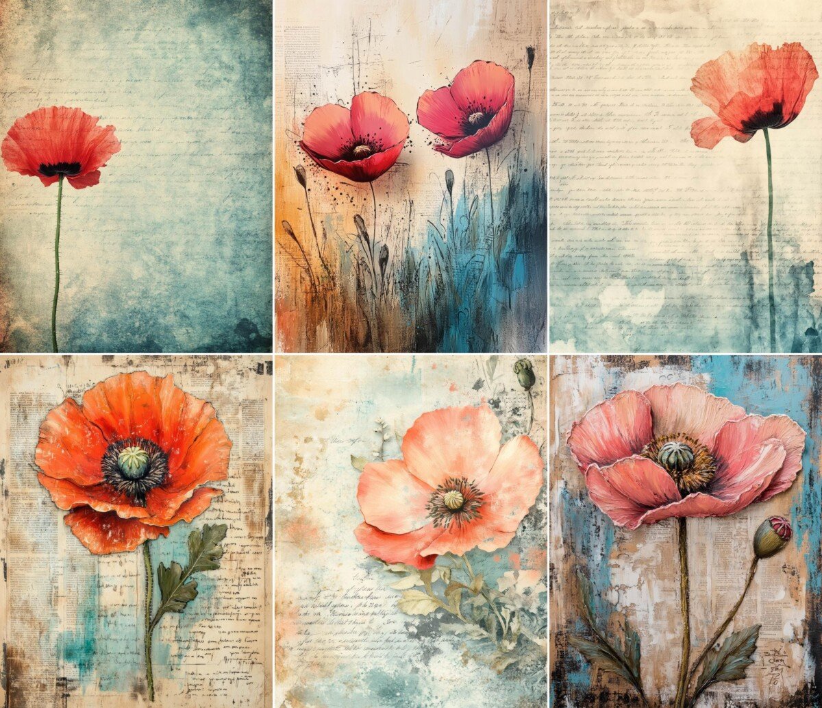Poppy blooms on aged manuscript journal paper, preview 6