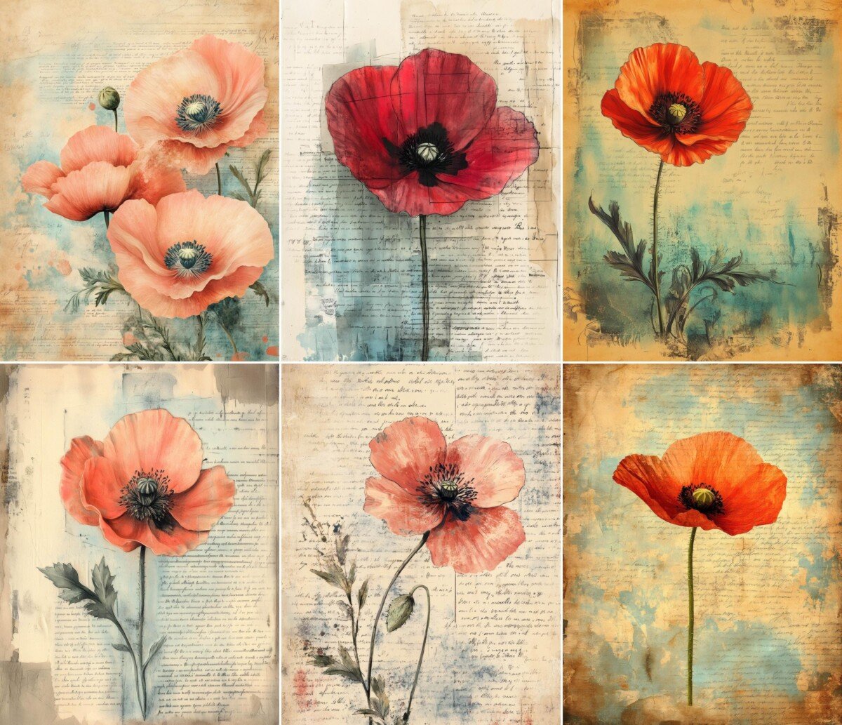 Poppy flower junk journal pages with colorful blooms and vintage script