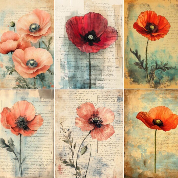 poppy – 64 Poppy Flower Junk Journal Pages