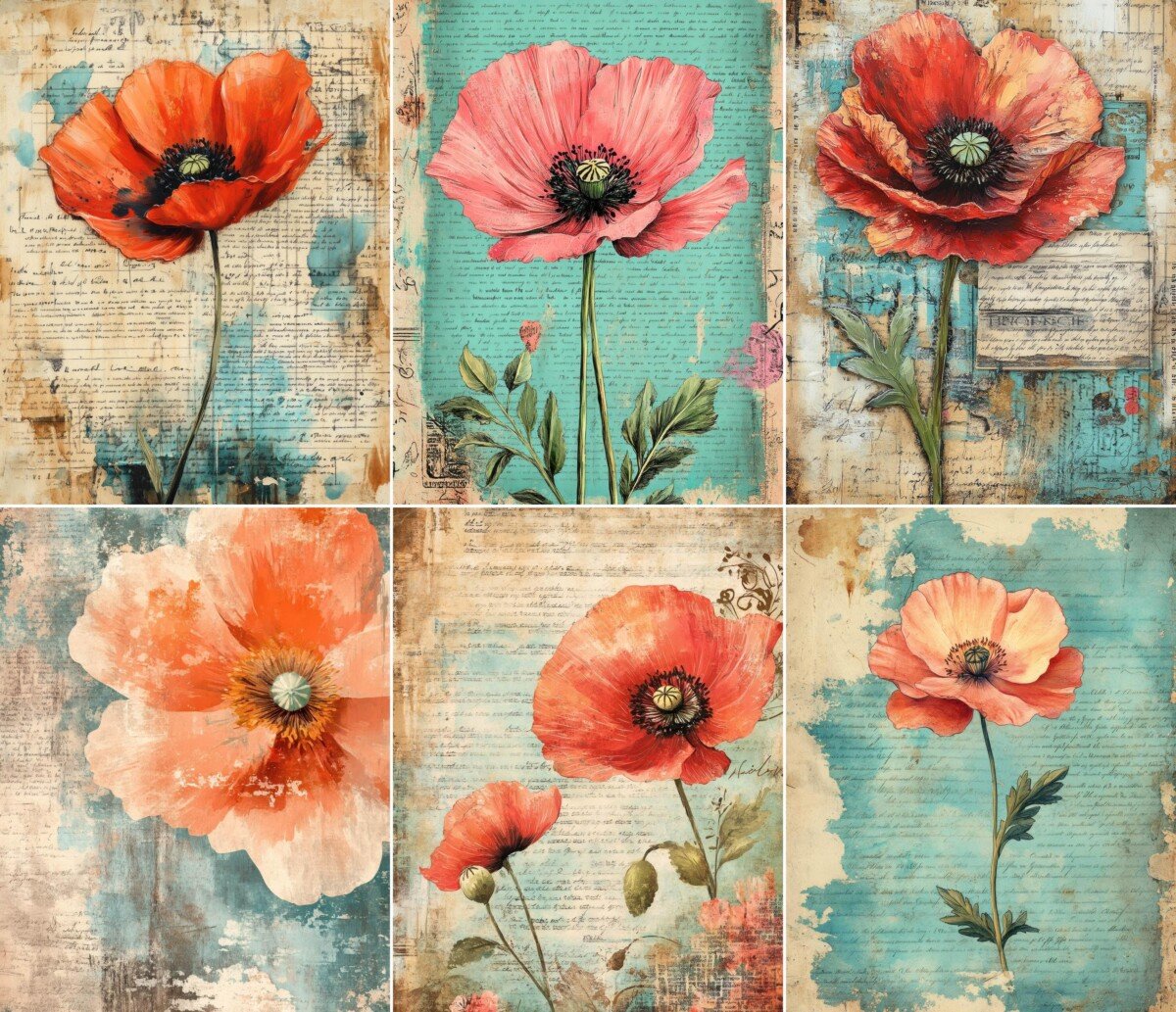 Poppy blooms on aged manuscript journal paper, preview 10