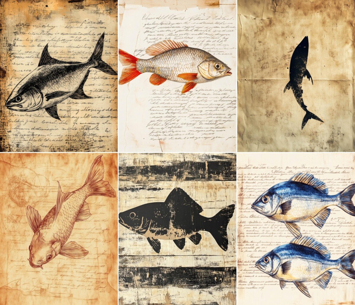 Aquatic illustrations on handwritten journal backgrounds