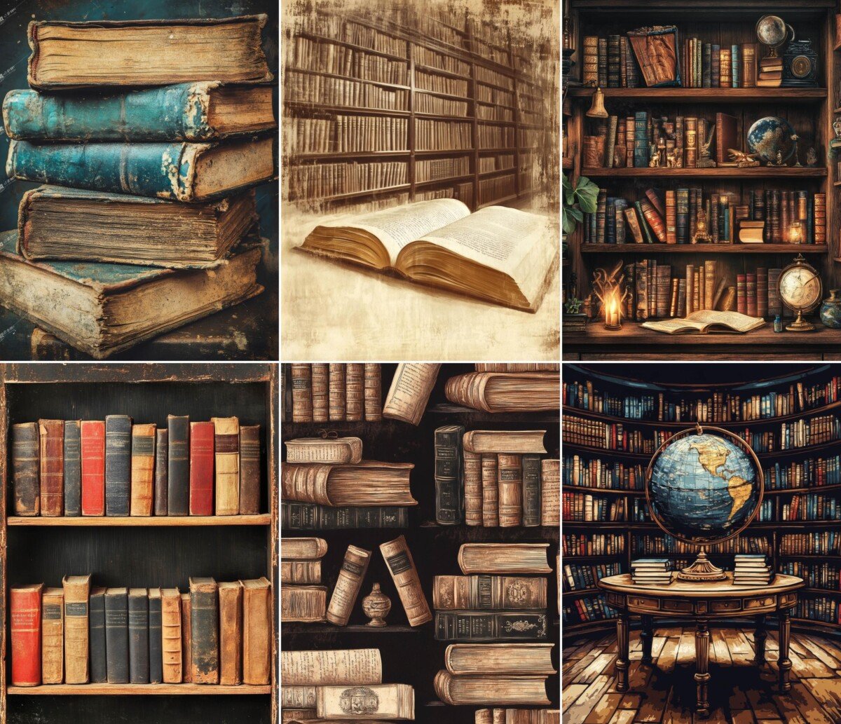 Dark academia library journal pages with antique-style books and shelves