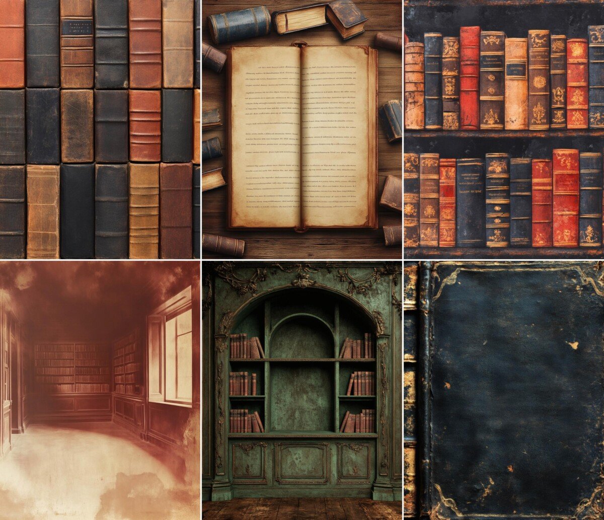 Vintage library journal paper preview with aged books and scholarly artwork