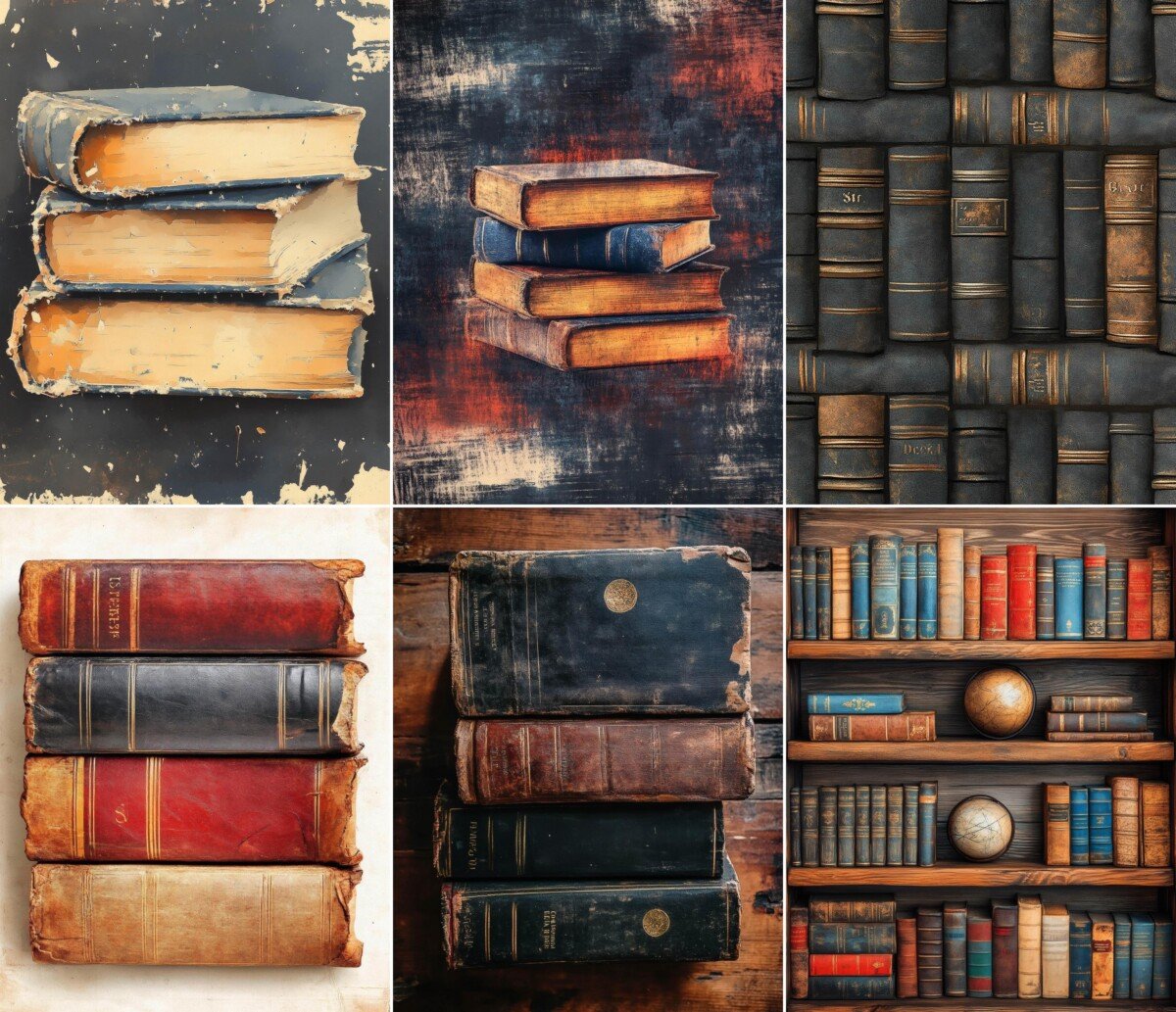 Vintage library journal paper preview with aged books and scholarly artwork