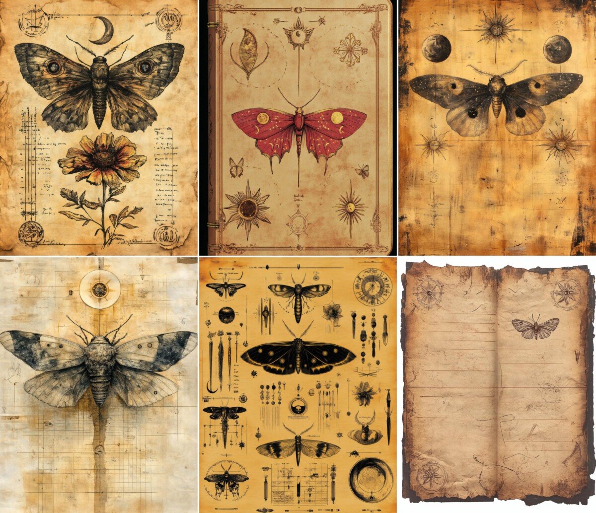 Vintage moth illustrations with flowers and ornamental details