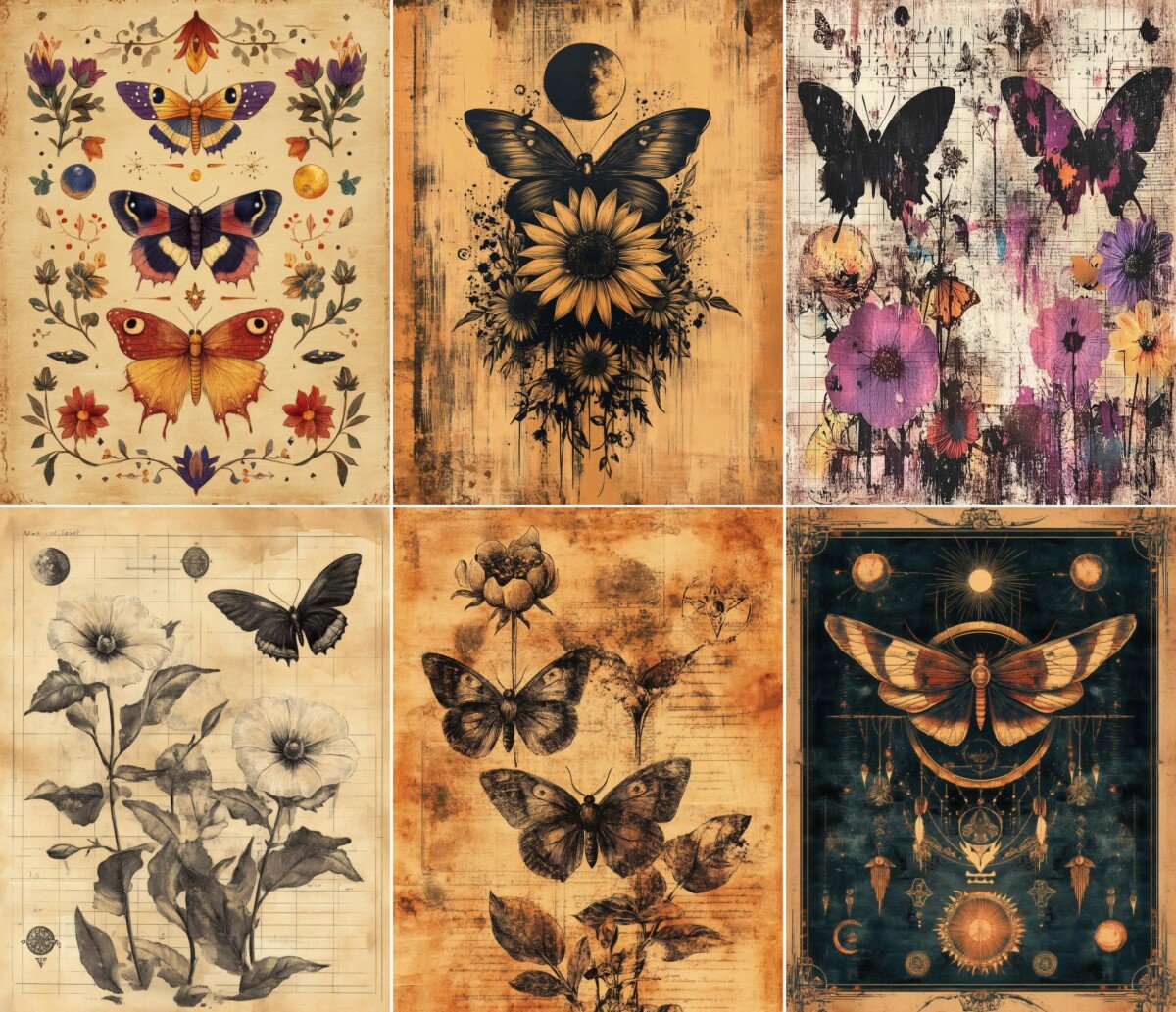Botanical moth collage pages with flowers and painted textures