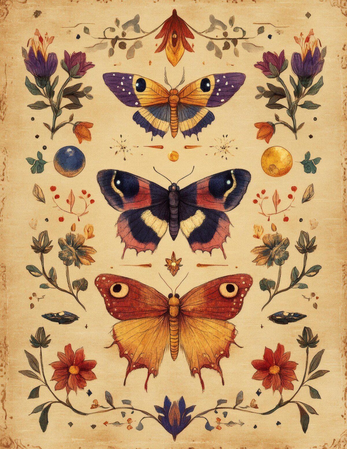 Colorful moths and botanical sprigs on aged cream paper