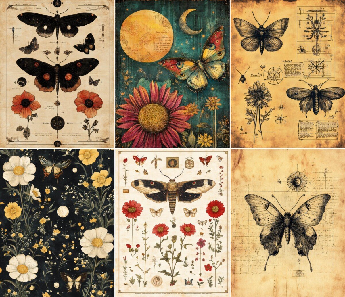 Moths flowers and moon imagery in botanical collage designs