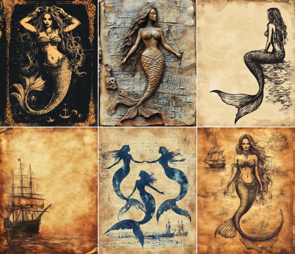 Pirate and mermaid junk journal pages with nautical fantasy figures and aged collage textures