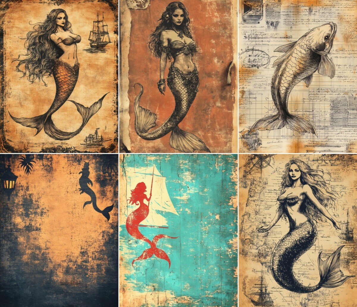 Nautical fantasy digital paper with vintage-style sea legends and distressed backgrounds