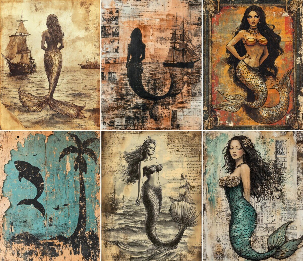 Nautical fantasy digital paper with vintage-style sea legends and distressed backgrounds