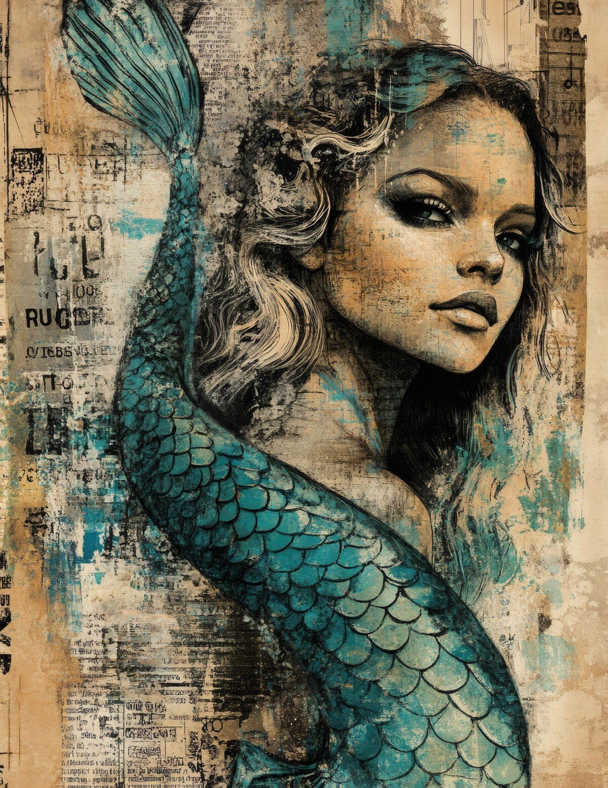 Nautical fantasy digital paper with vintage-style sea legends and distressed backgrounds