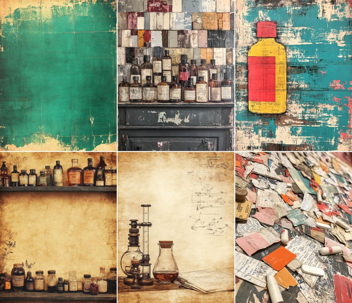 Antique pharmacy journal page preview with vintage bottle illustrations and layered paper