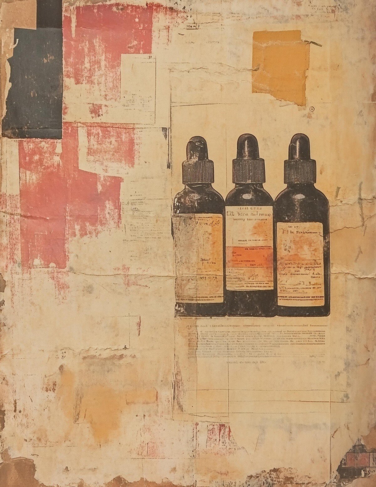 Antique pharmacy journal page preview with vintage bottle illustrations and layered paper