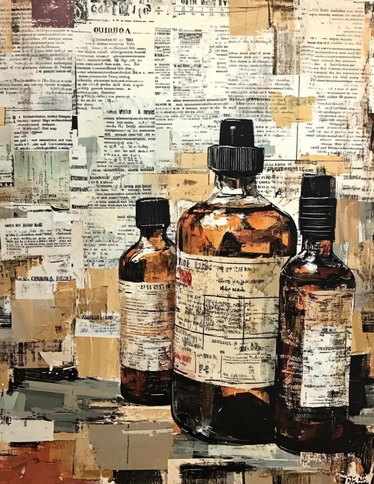 Antique pharmacy journal page preview with vintage bottle illustrations and layered paper