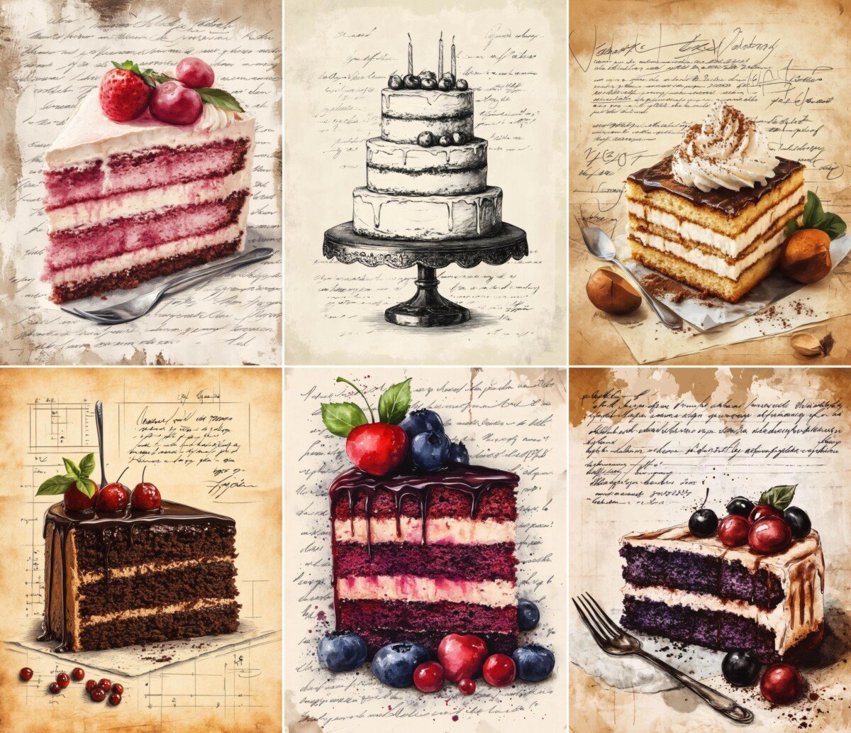 Cake junk journal pages with watercolor desserts and vintage script