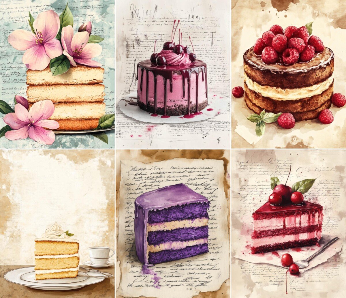 Pastel celebration cakes on vintage-style digital paper