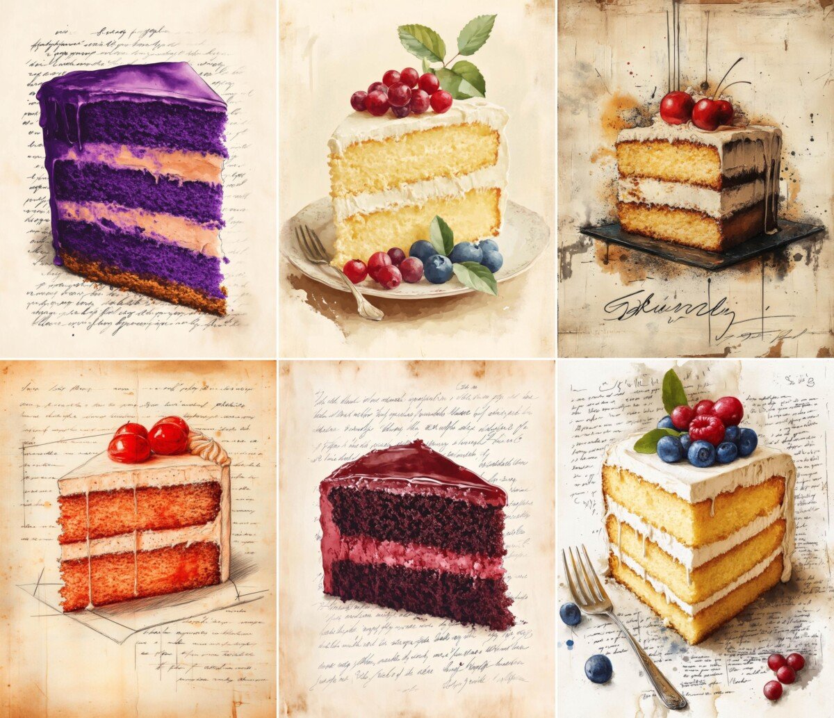 Colorful cake slices with fruit and cream details