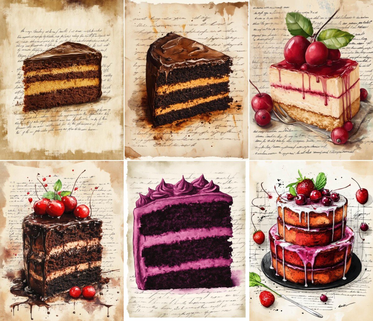 Layered cake illustrations on faded handwritten backgrounds