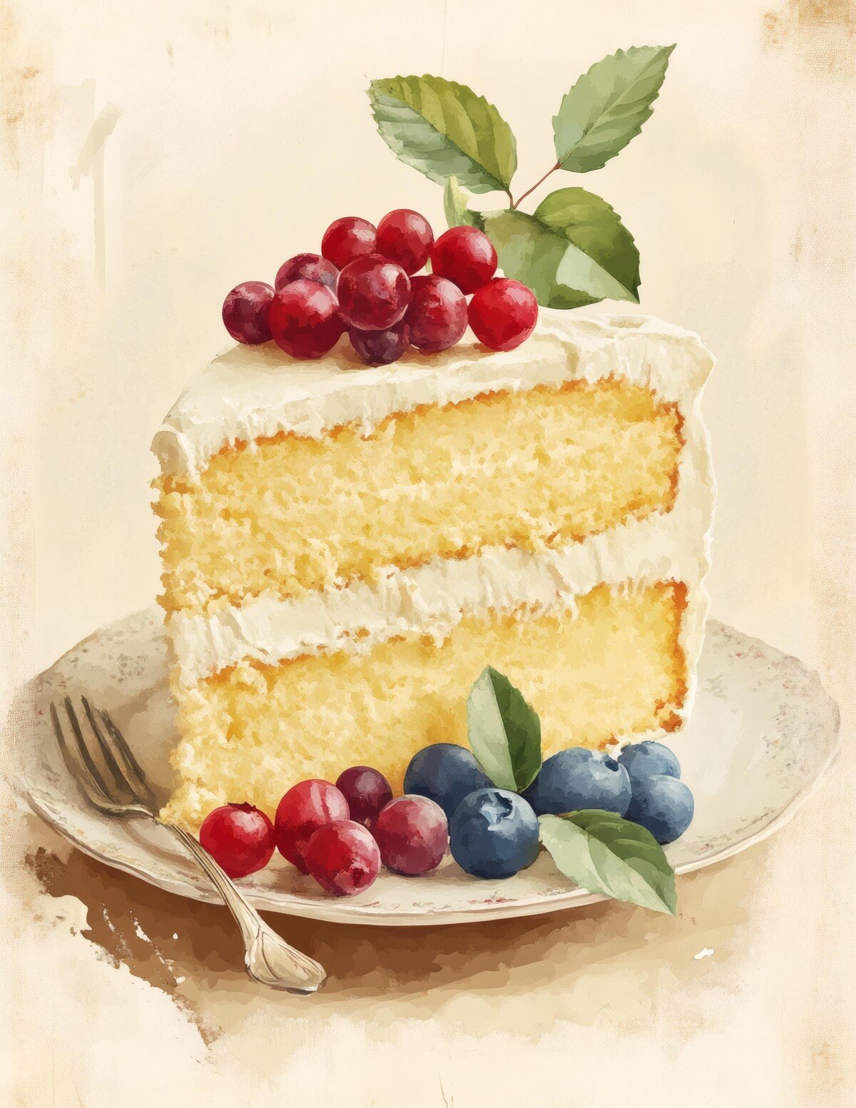 Golden sponge cake with red berries on a pale background