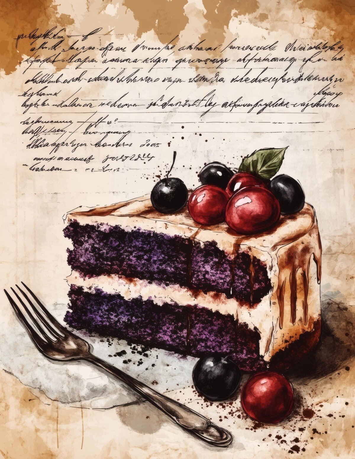 Dark cake slice with berries and faded handwriting